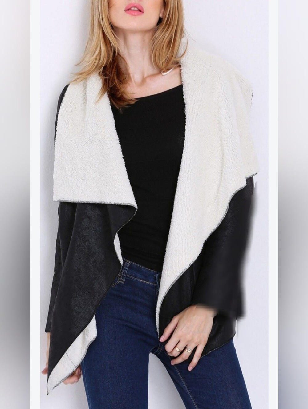 Ruff Hewn Black Jacket with Cream Sherpa Draped Collar Faux Suede/Knit Small